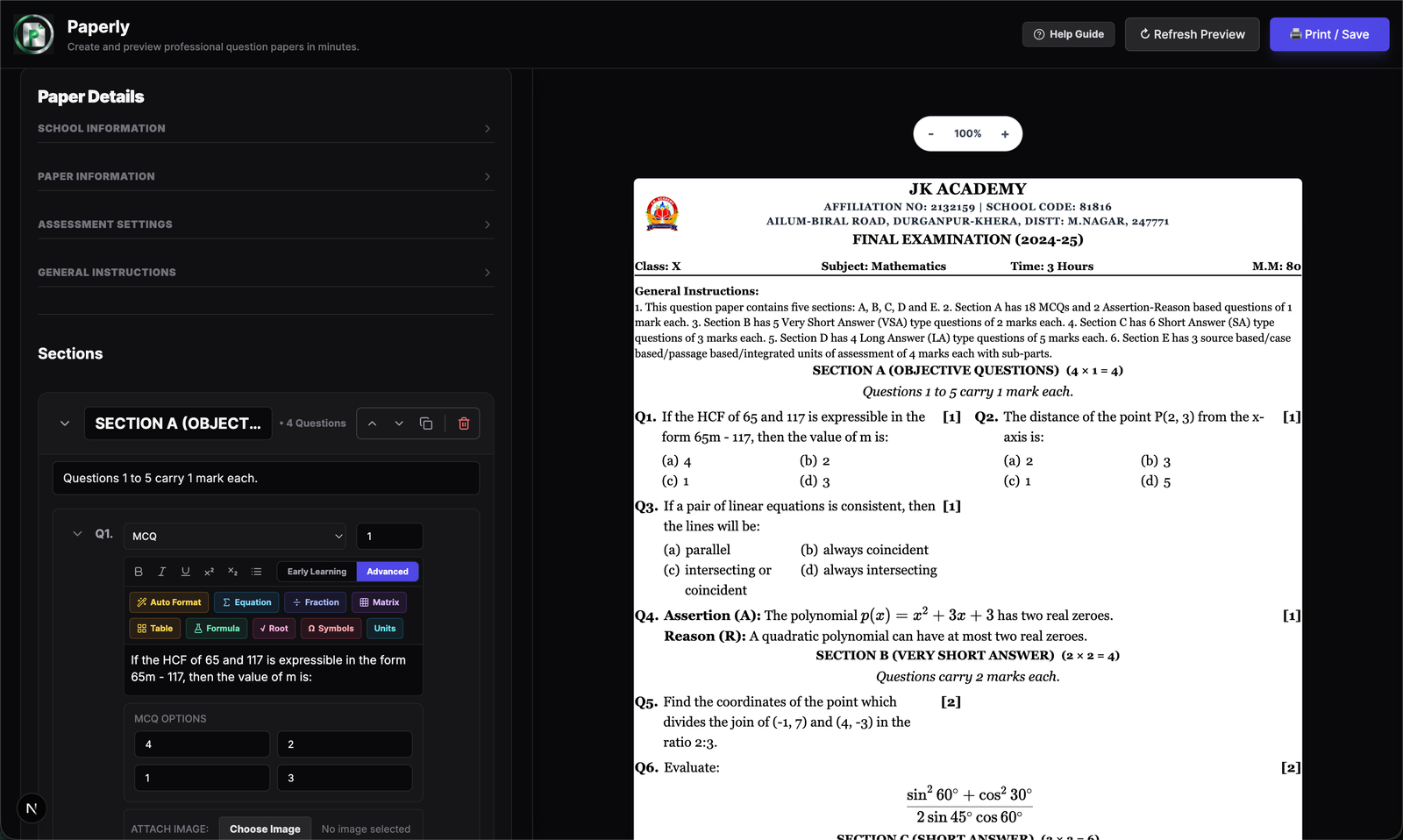 Paperly school question paper generator dashboard preview